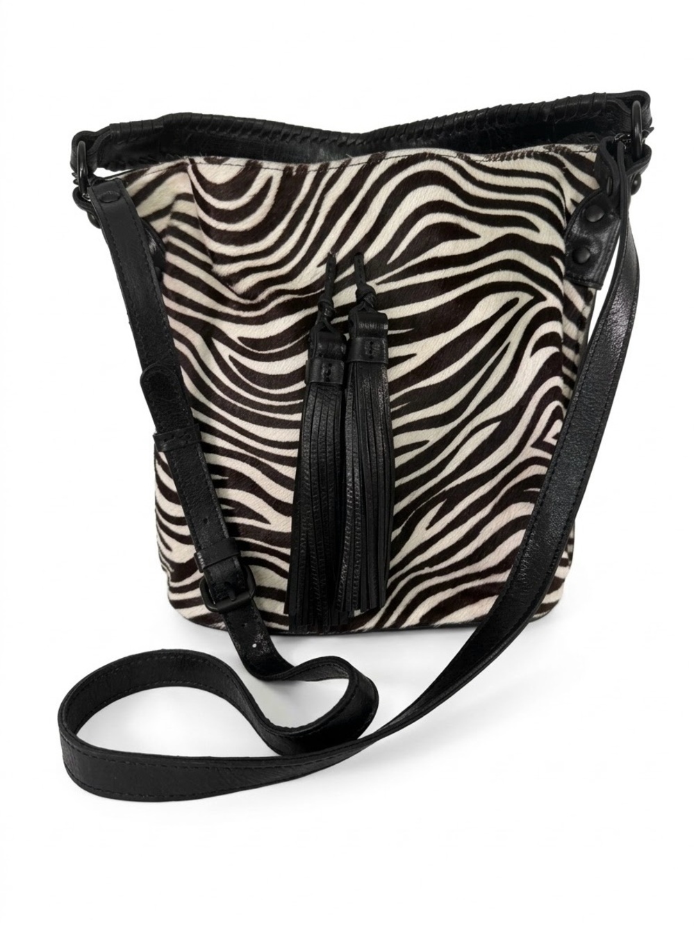 Patricia Nash Zebra Haircalf Leather Large Bucket Bag Tassels Adjustable Strap